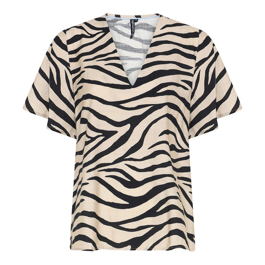 Soulmate blouse korte mouw zebra print beige met donkerblauw navy 4406