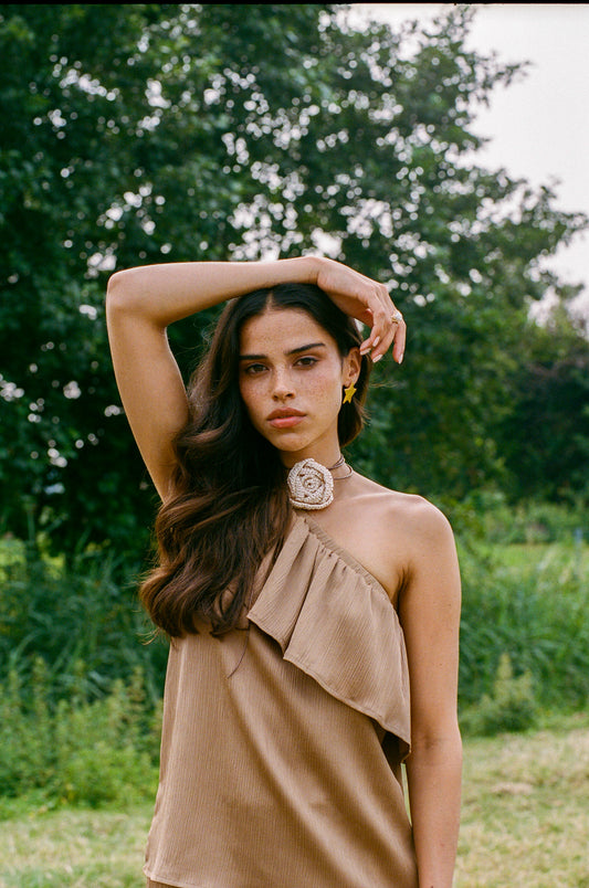 Fluresk top oneshoulder goudkleur model Brean khaki