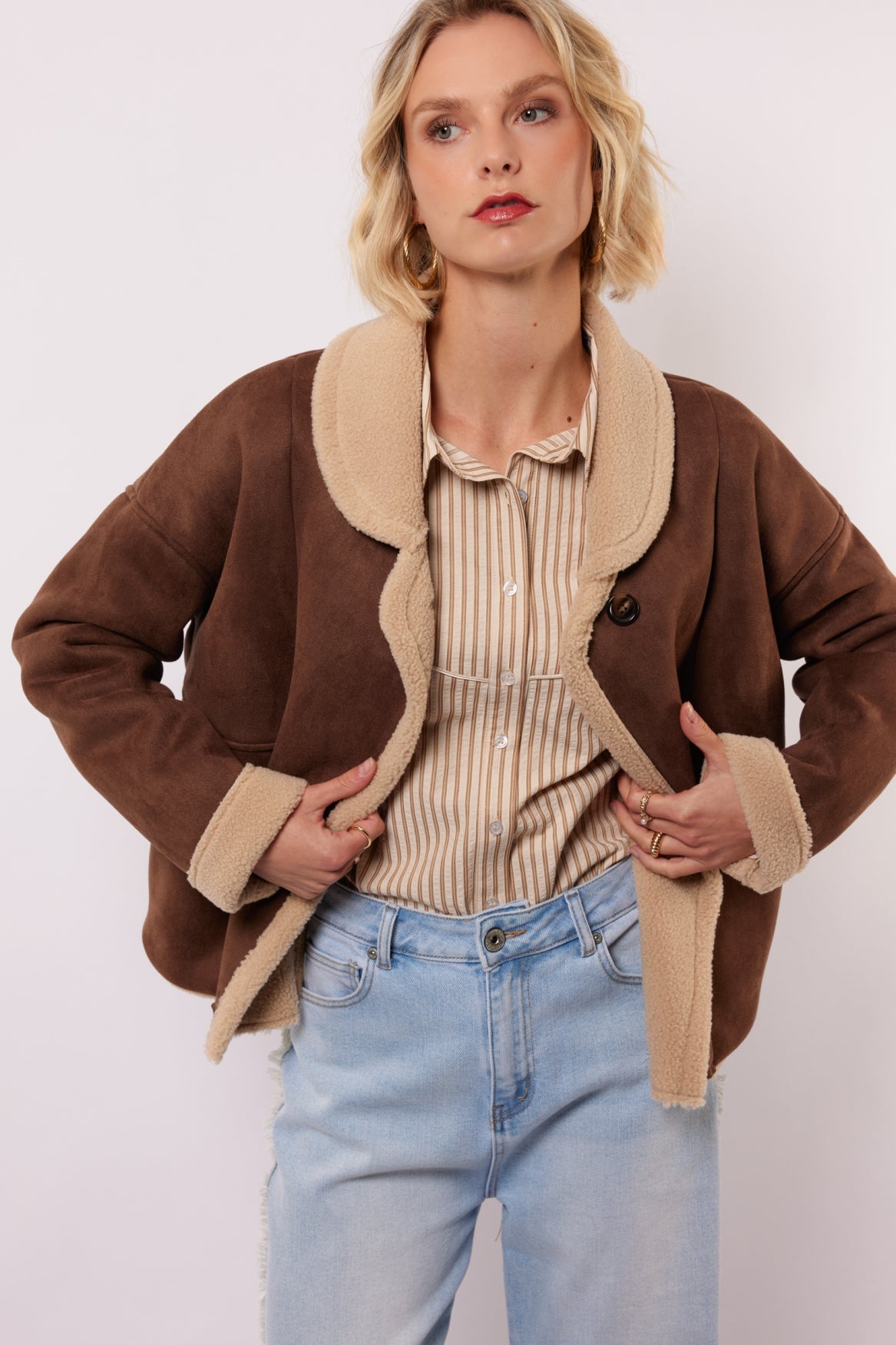 Fluresk winter jas bruin met zand model Taressa jacket brown mocha sand