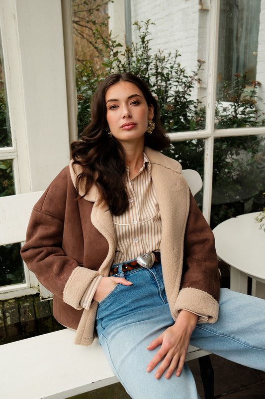Fluresk winter jas bruin met zand model Taressa jacket brown mocha sand