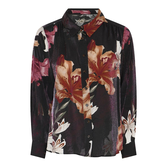 Soulmate blouse zwart met bordeaux print model Leona 2 dark wine 7141