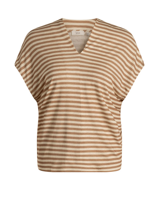 Yest Curve (Yesta) shirt strepen offwhite camel zand model Nessa Cream taupe