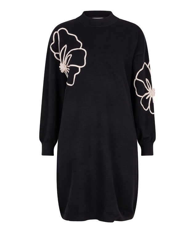 Esqualo jurk zwart met bloem dress tape flower patch