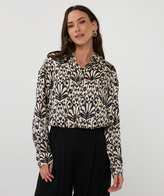 Esqualo blouse zwart wit print satijn look F25.10512