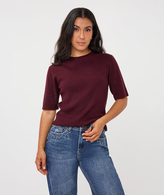 Esqualo bordeaux strass truitje korte mouw model