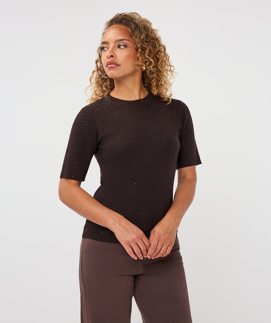 Esqualo truitje met strass donker bruin model sweater studs cacao