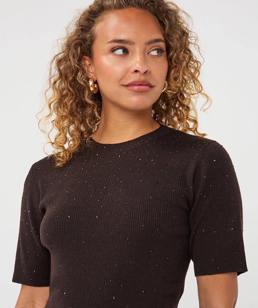 Esqualo truitje met strass donker bruin model sweater studs cacao