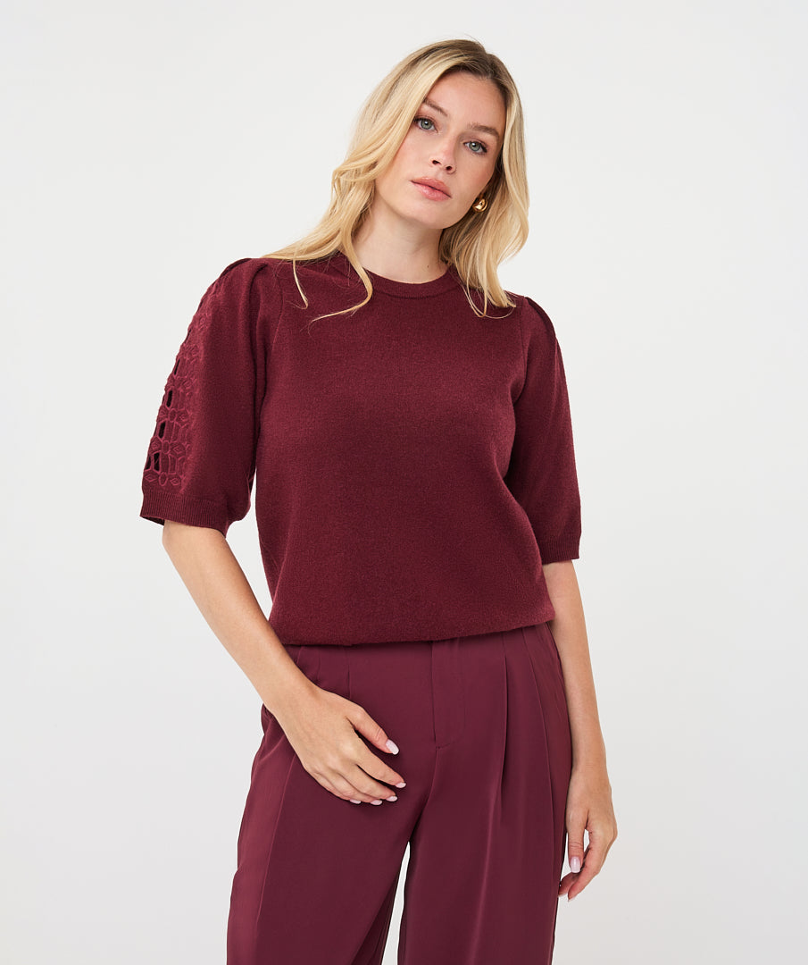 Esqualo trui korte mouw merlot model Sweater knit embroidery bordeaux