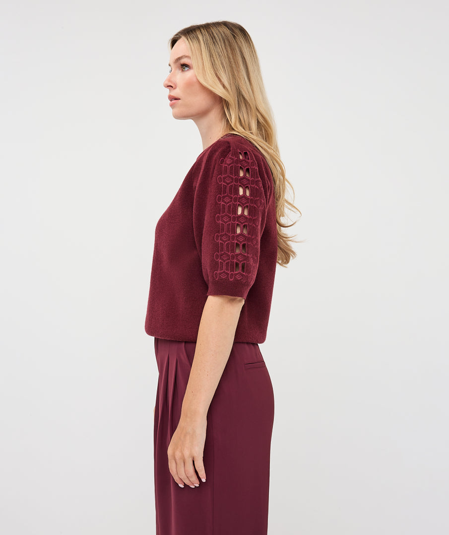 Esqualo trui korte mouw merlot model Sweater knit embroidery bordeaux