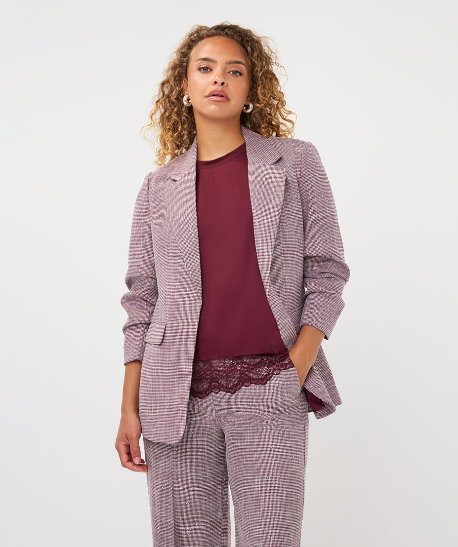 Esqualo blazer aubergine met beige print en strass model merlot fancy 