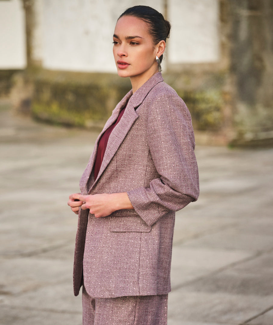 Esqualo blazer aubergine met beige print en strass model merlot fancy 