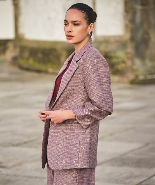 Esqualo blazer aubergine met beige print en strass model merlot fancy 