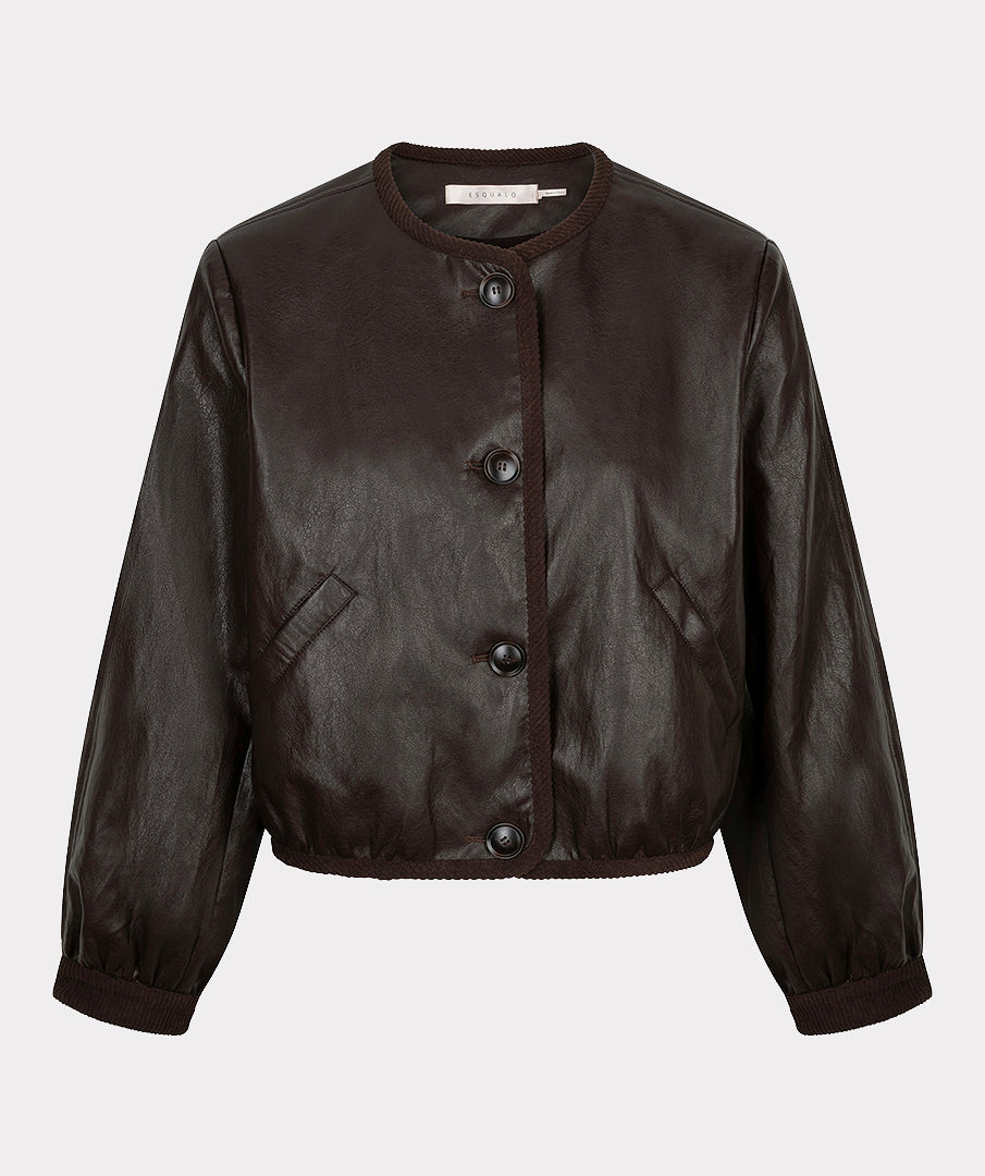 Esqualo chocolade bruin kort jasje leather look model cacao Jacket short PU crinkle