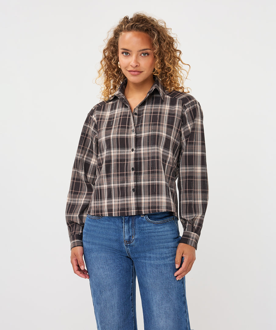 Esqualo bruin ruiten Blouse met strass model short check F26.28513