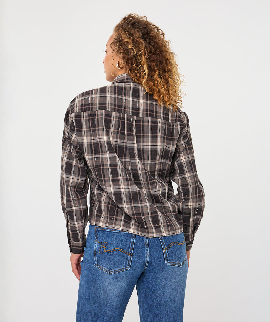 Esqualo bruin ruiten Blouse met strass model short check F26.28513