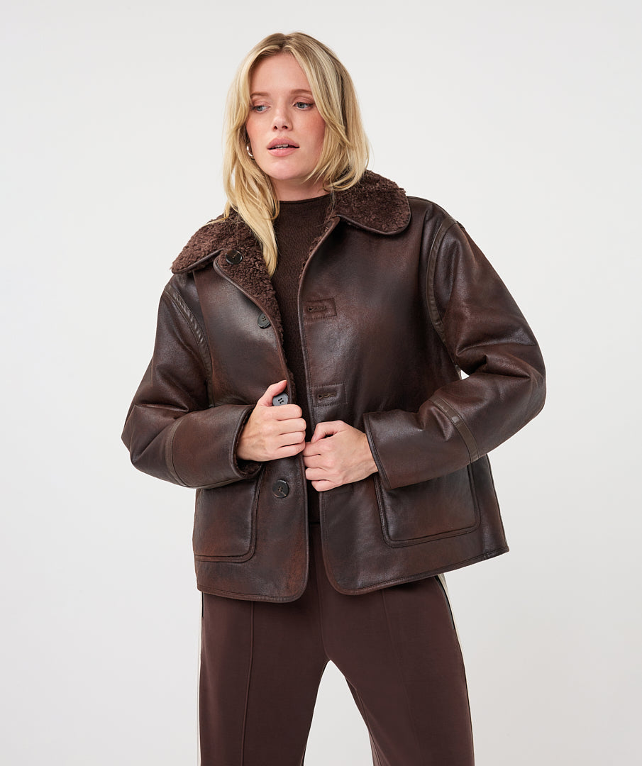 Esqualo winter jas tweezijdig teddy en lammy cacao model coat Inside teddy F26.37509
