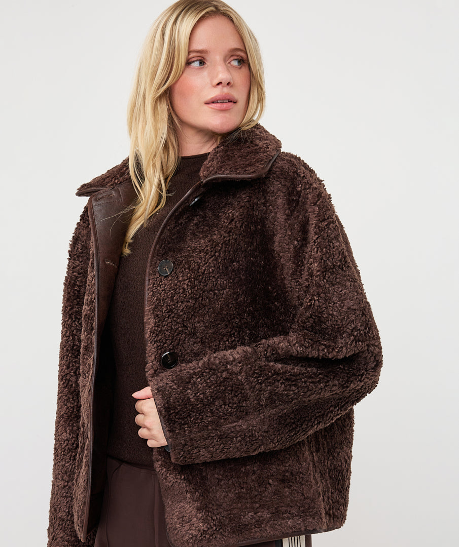 Esqualo winter jas tweezijdig teddy en lammy cacao model coat Inside teddy F26.37509