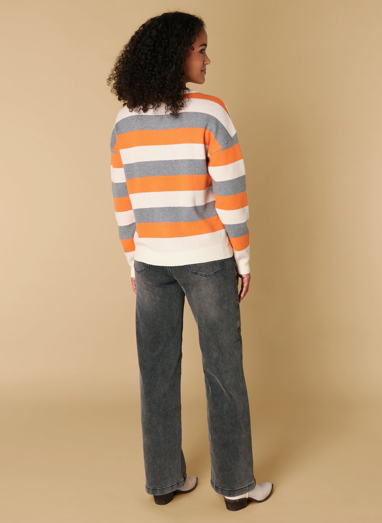 Ivy Beau trui gestreept oranje beige grijs model Rika