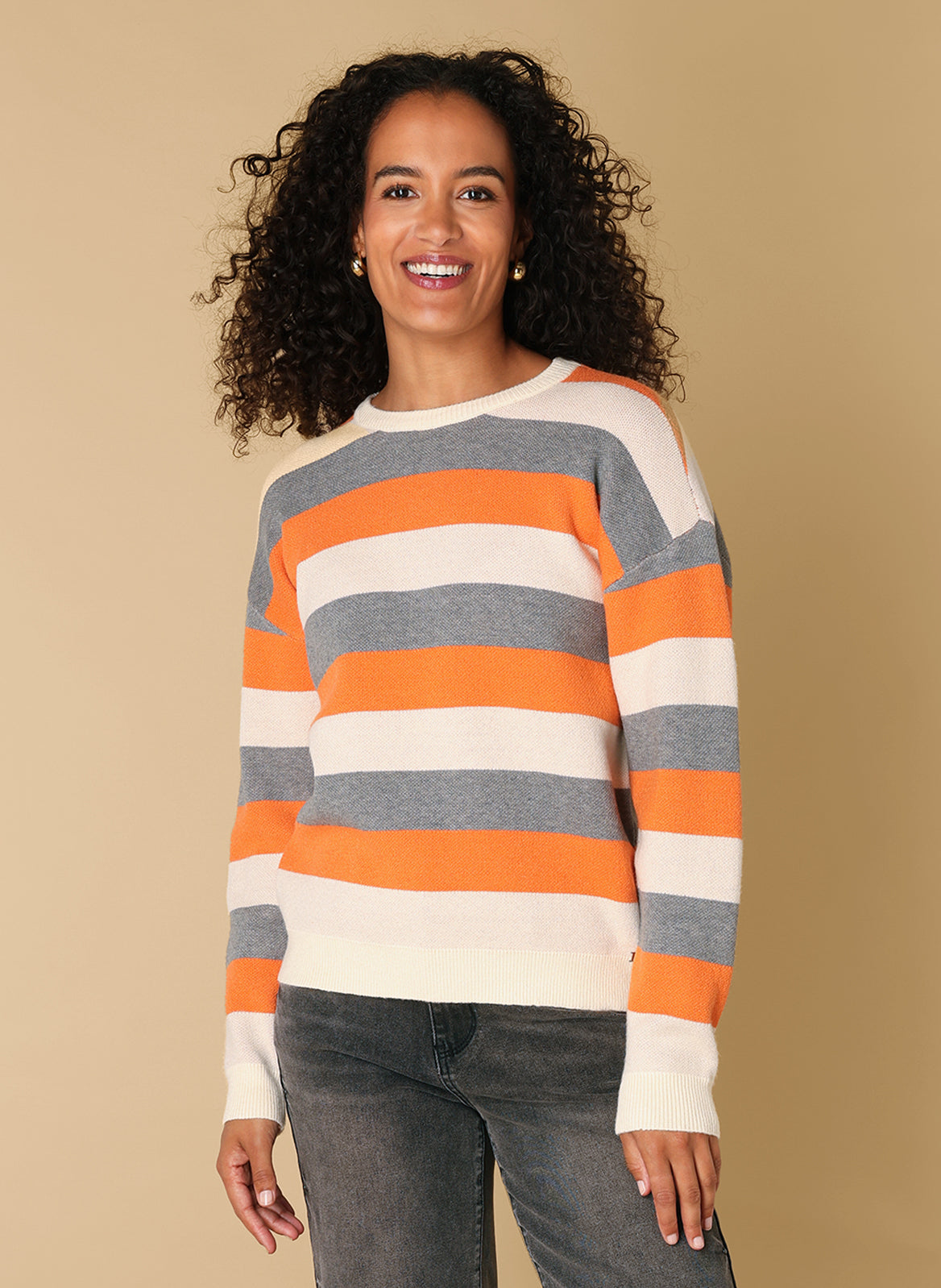 Ivy Beau trui gestreept oranje beige grijs model Rika
