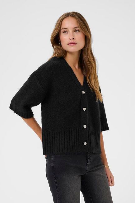 Kaffe vest zwart driekwart mouw roosjes knopen model KAlabis cardigan black deep