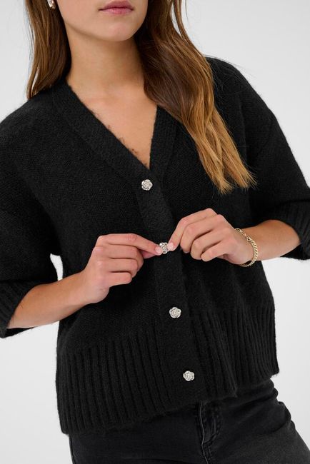 Kaffe vest zwart driekwart mouw roosjes knopen model KAlabis cardigan black deep