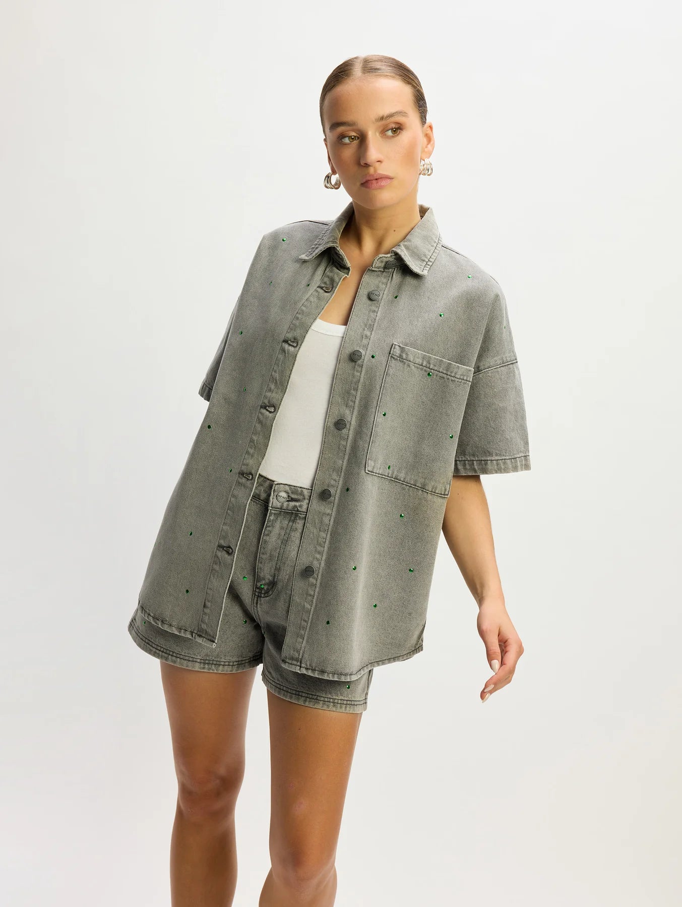 Refined Department blouse grijs met groene studs model Didi 