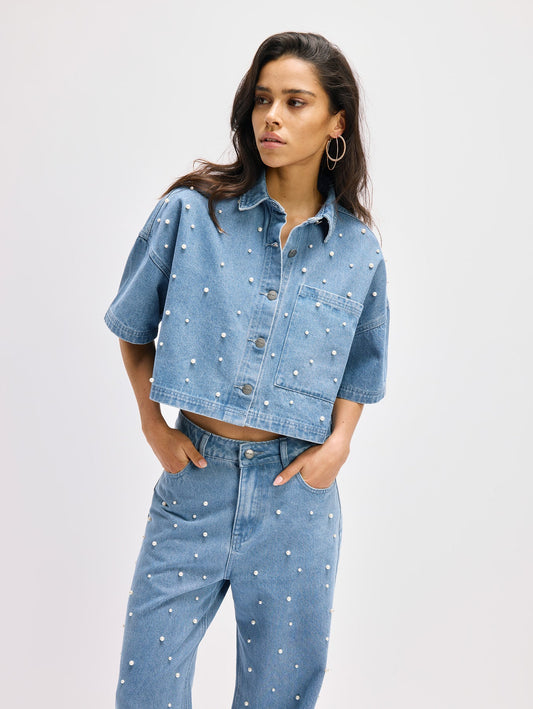 Refined Department jeans jasje blouse met parels korte mouw model Adeline top