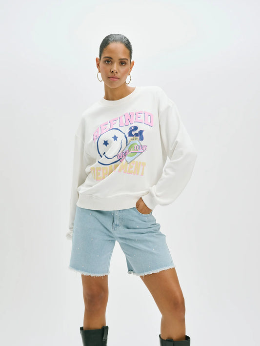 Refined Department sweater wit met smiley opdruk model Jayne