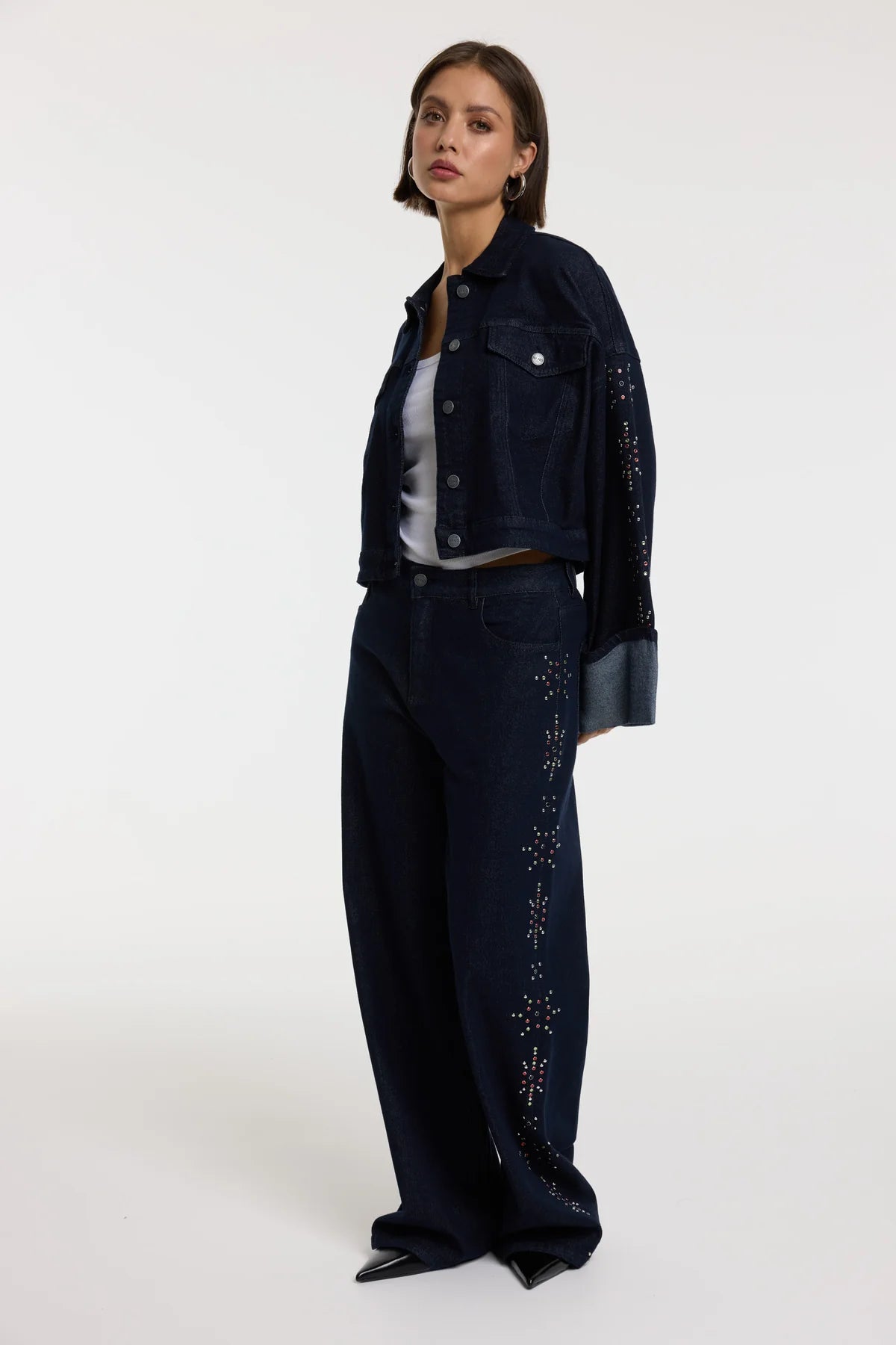 Refined Department jeans jasje met studs donkerblauw model Rebel jacket dark blue denim