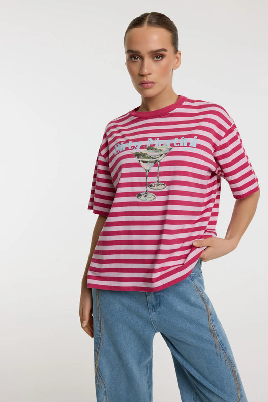 Refined Department gestreept oversized roze T-shirt martini opdruk model Loui soft pink