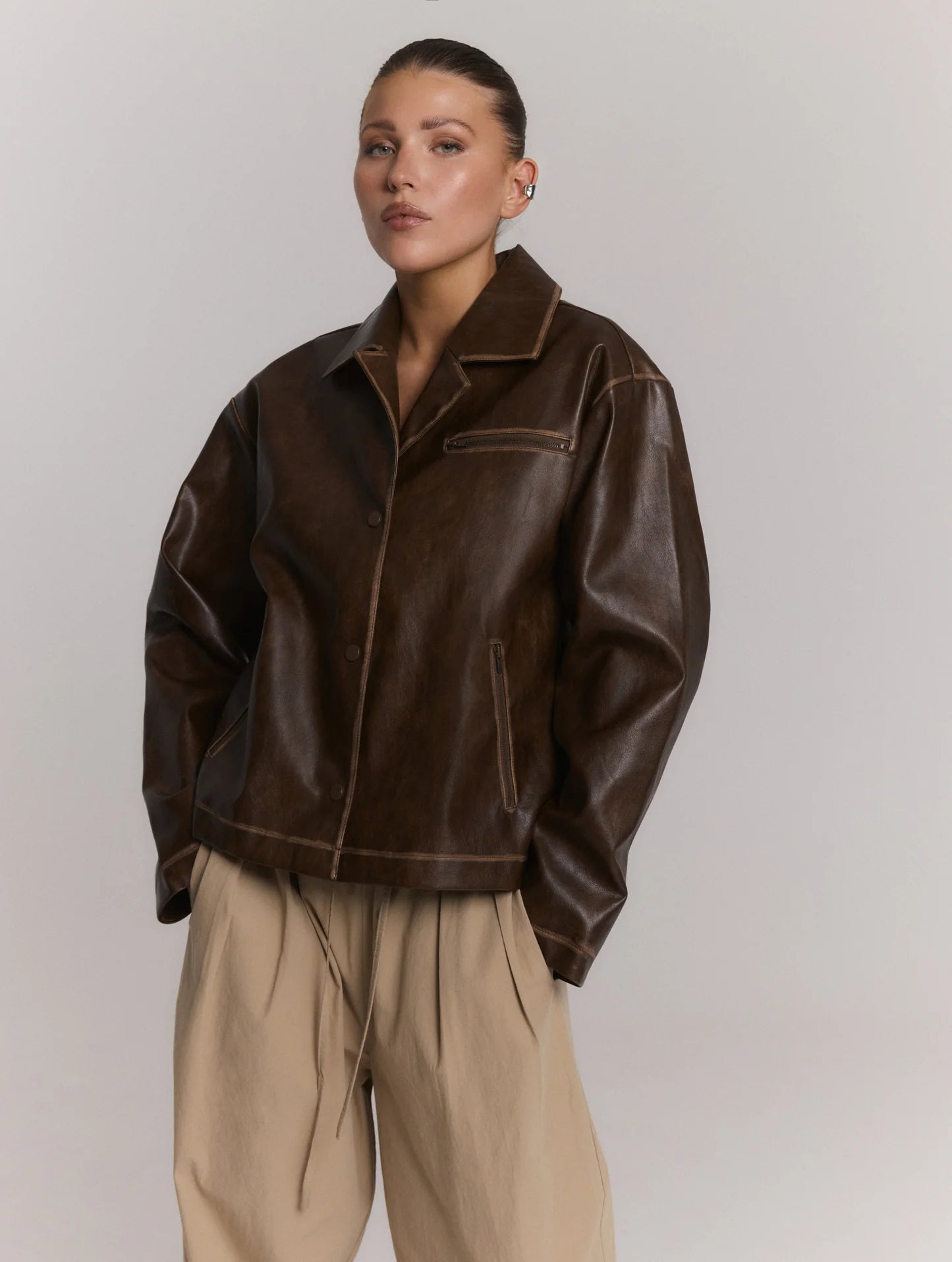 Refined Department vintage leather look jacket SAI bruin brown sai jasje