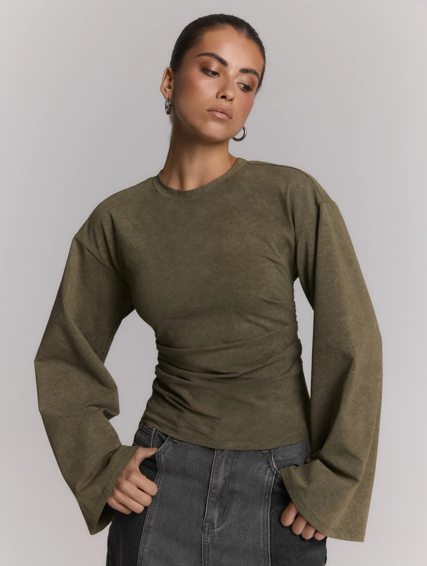 Refined department longsleeve groen getailleerd met wijde mouwen model Cruz Army