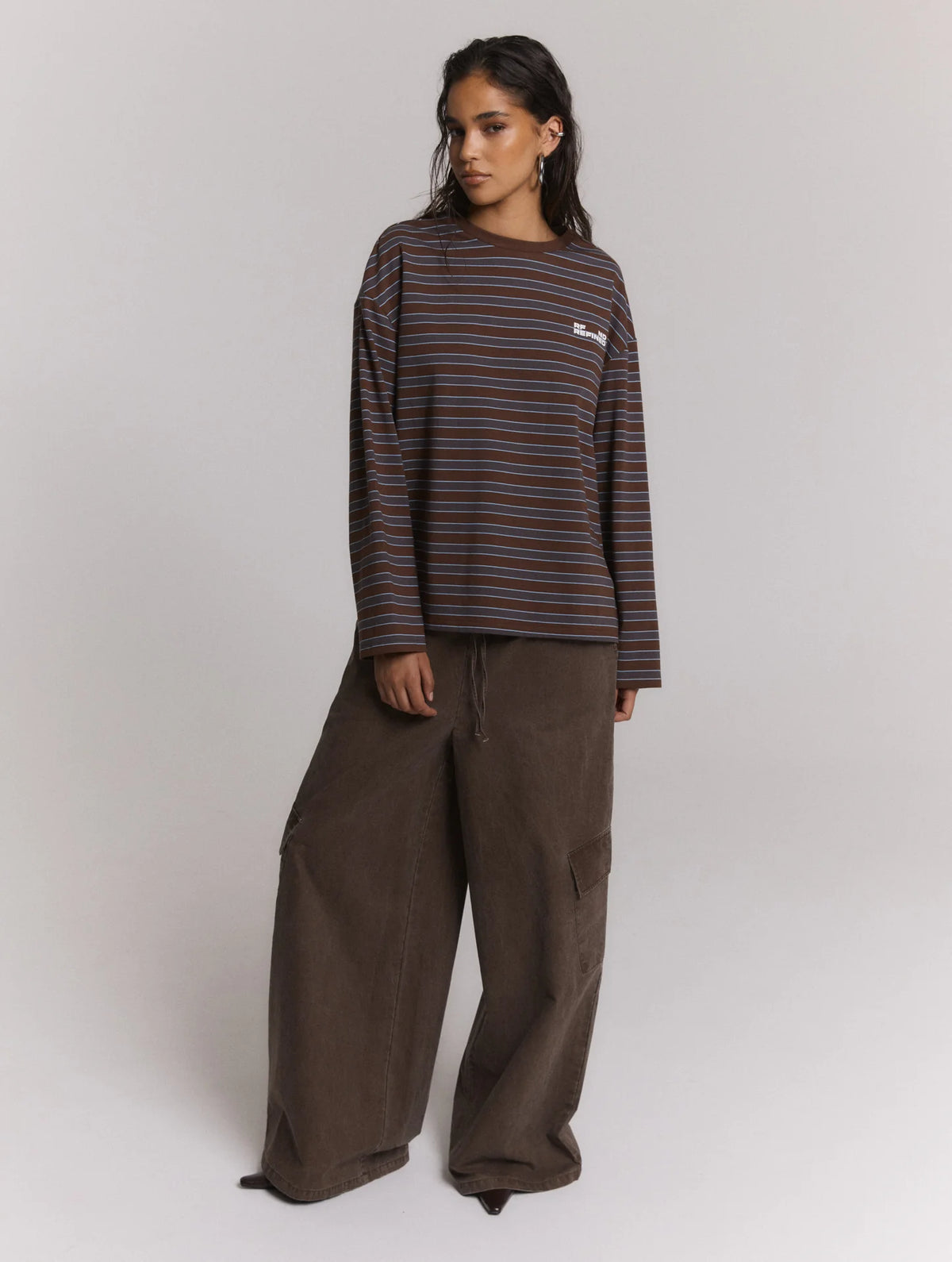Refined Department longsleeve bruin strepen met blauw oversized