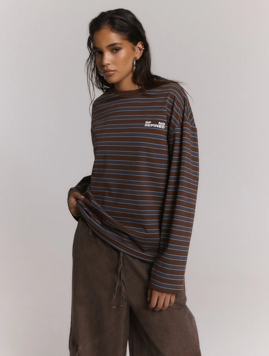 Refined Department longsleeve bruin strepen met blauw oversized