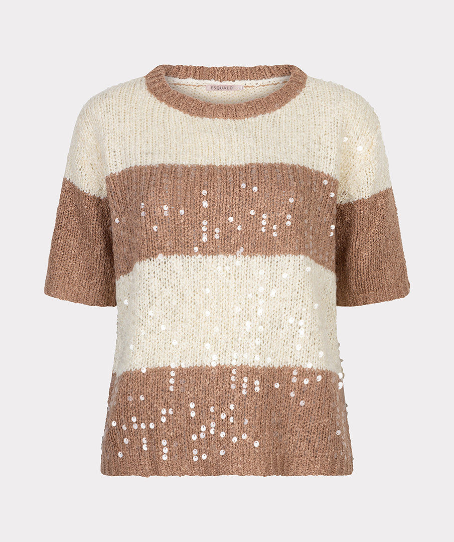 Esqualo trui korte mouw gestreept met pailletten beige en offwhite Sweater striped sequins ecru cappucino