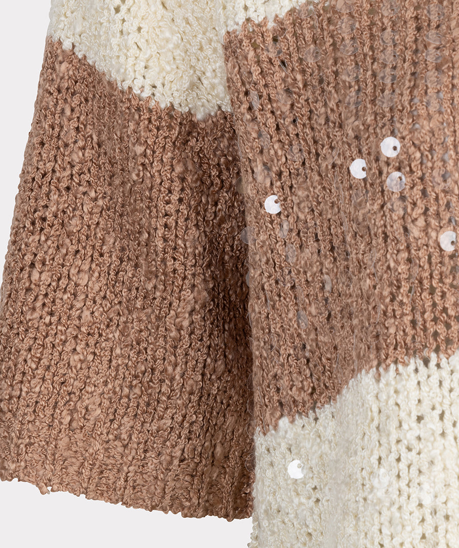 Esqualo trui korte mouw gestreept met pailletten beige en offwhite Sweater striped sequins ecru cappucino