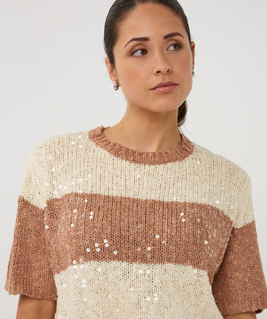 Esqualo trui korte mouw gestreept met pailletten beige en offwhite Sweater striped sequins ecru cappucino