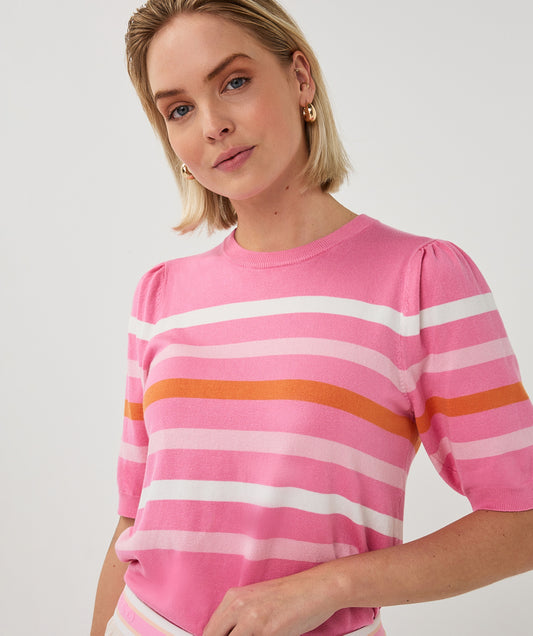 Esqualo trui korte mouw roze met strepen model sweater puff slve striped knit pink