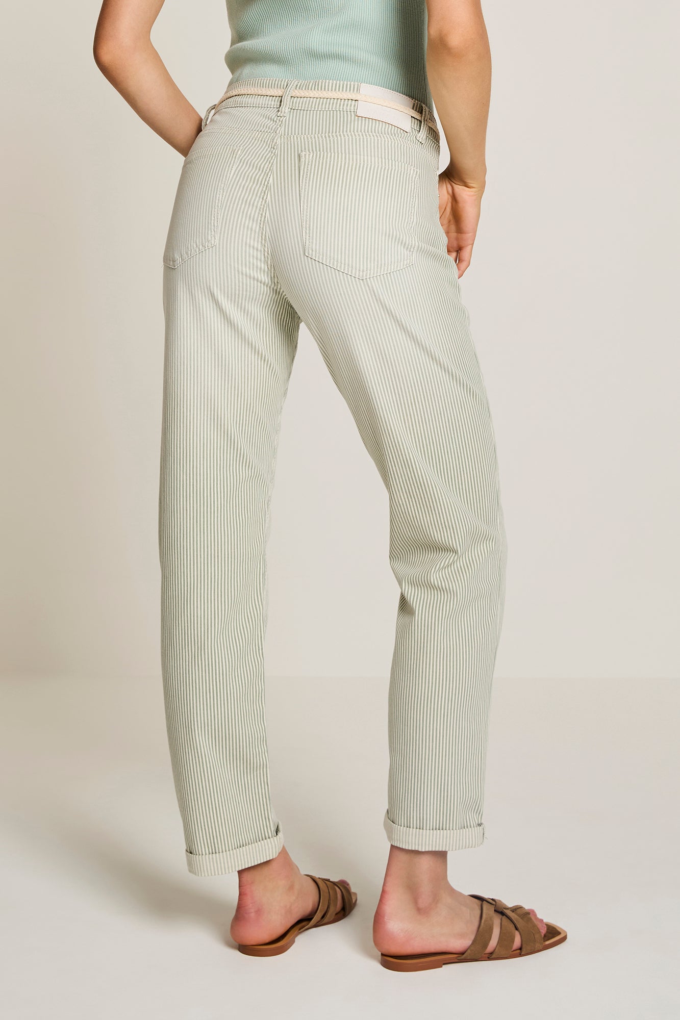 Para Mi broek gestreept offwhite licht groen model Bobby light olive spring stripes