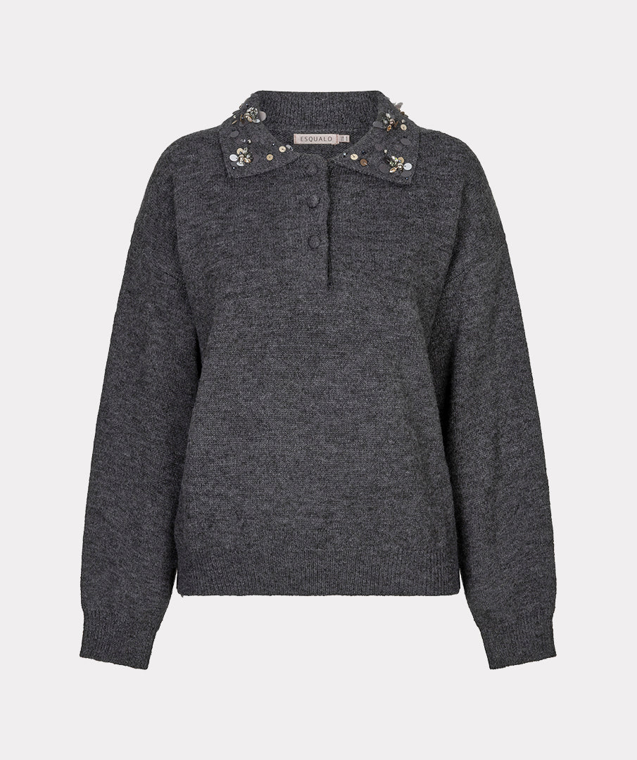Esqualo trui polo donker grijs met pailletten op kraag charcoal