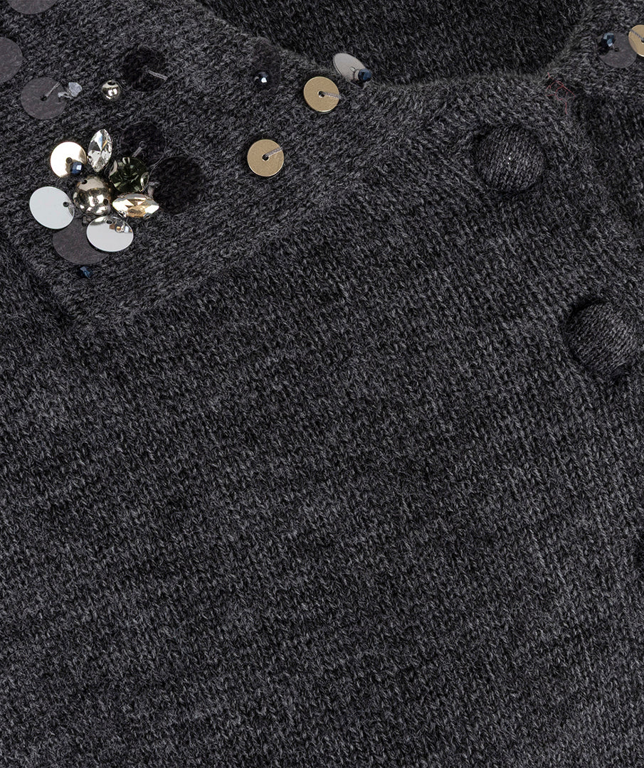 Esqualo trui polo donker grijs met pailletten op kraag charcoal sweater beaded collar