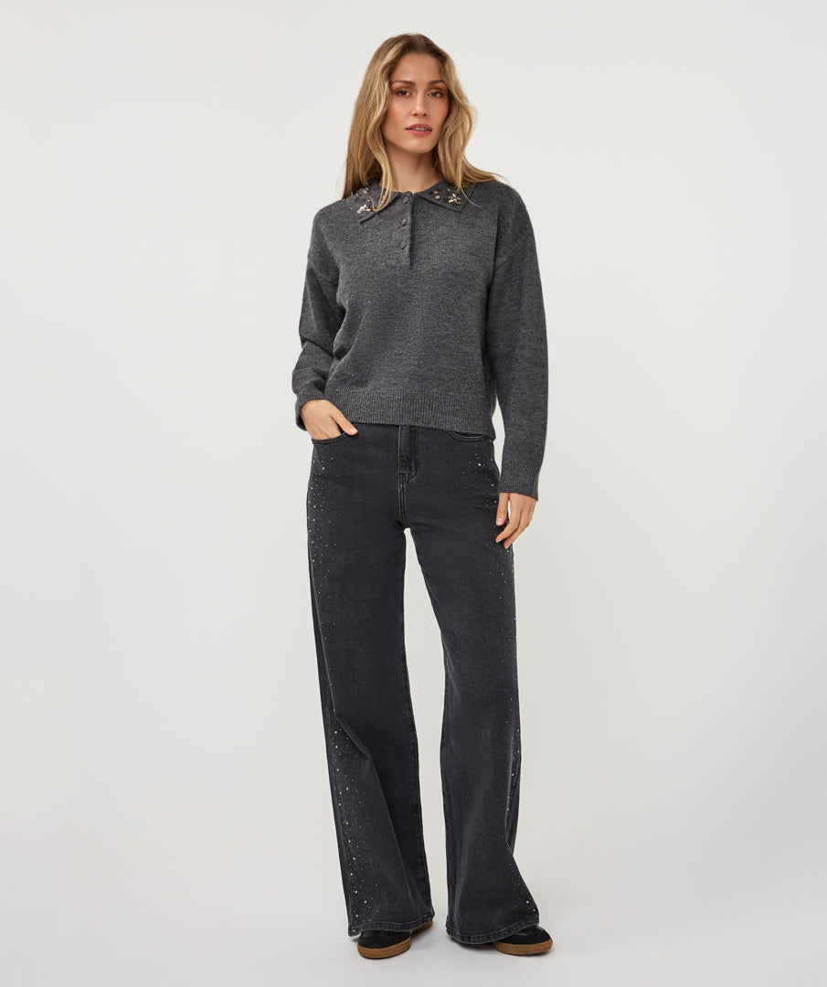 Esqualo trui polo donker grijs met pailletten op kraag charcoal sweater beaded collar