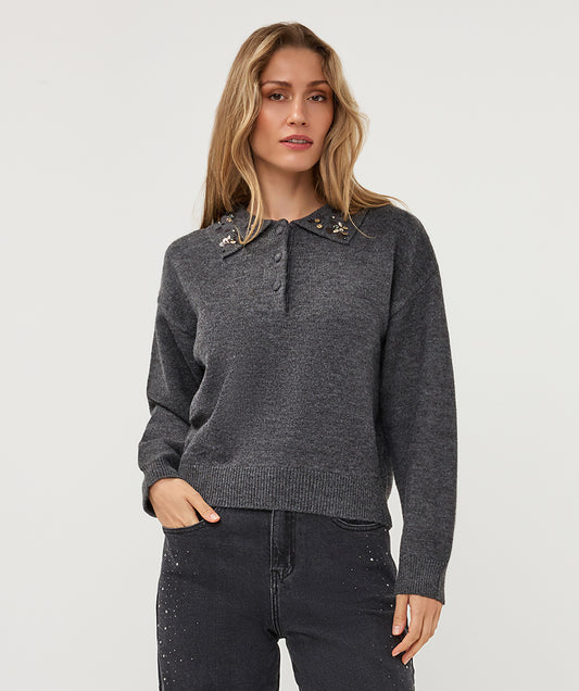 Esqualo trui polo donker grijs met pailletten op kraag charcoal