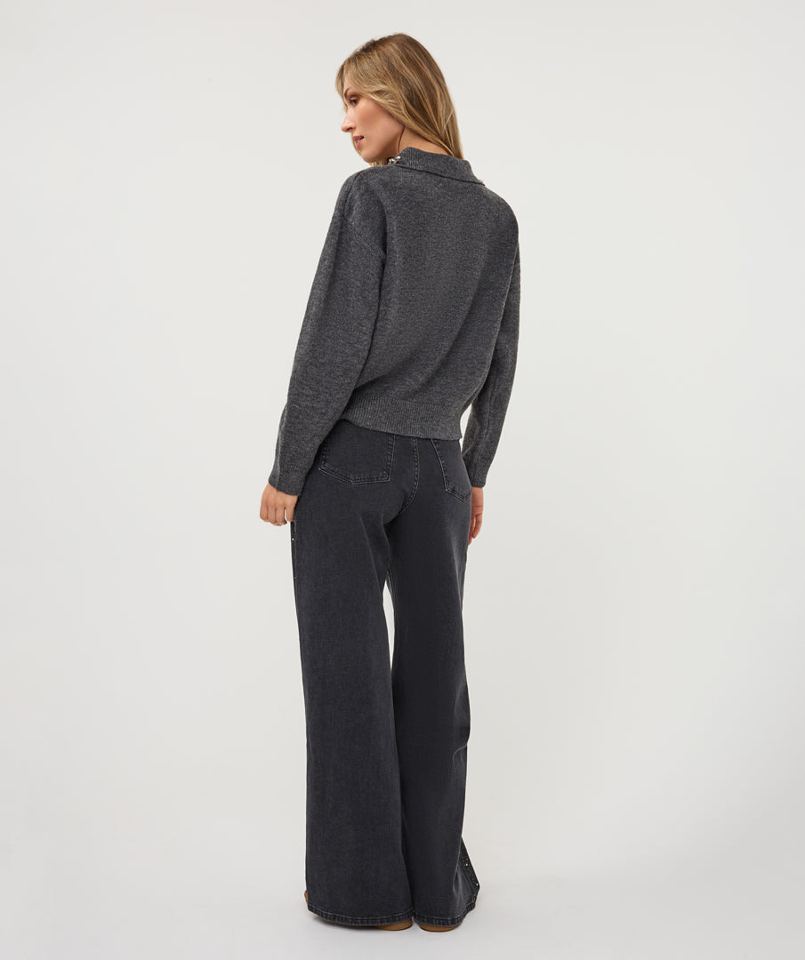 Esqualo trui polo donker grijs met pailletten op kraag charcoal sweater beaded collar