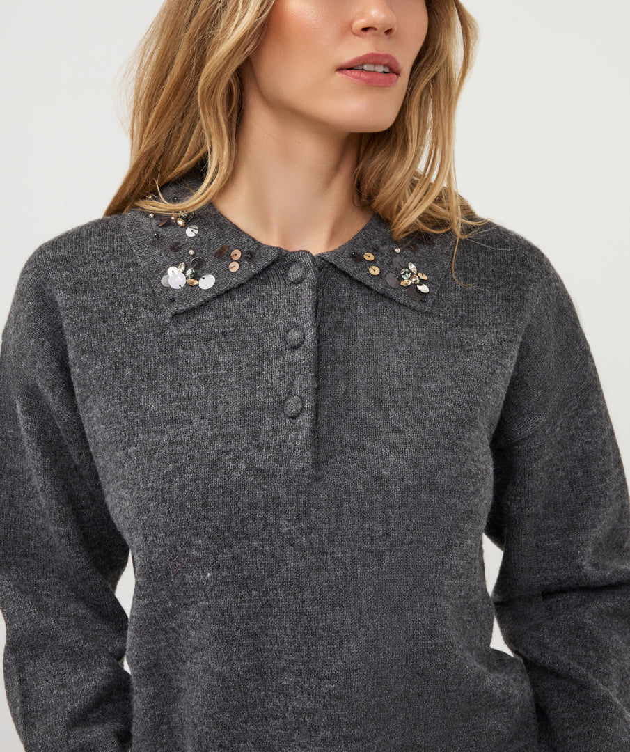 Esqualo trui polo donker grijs met pailletten op kraag charcoal