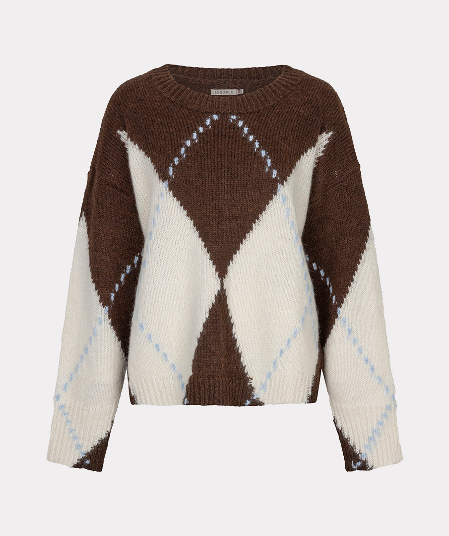 Esqualo trui bruin met offwhite en blauw argyle print model sweater big coffee