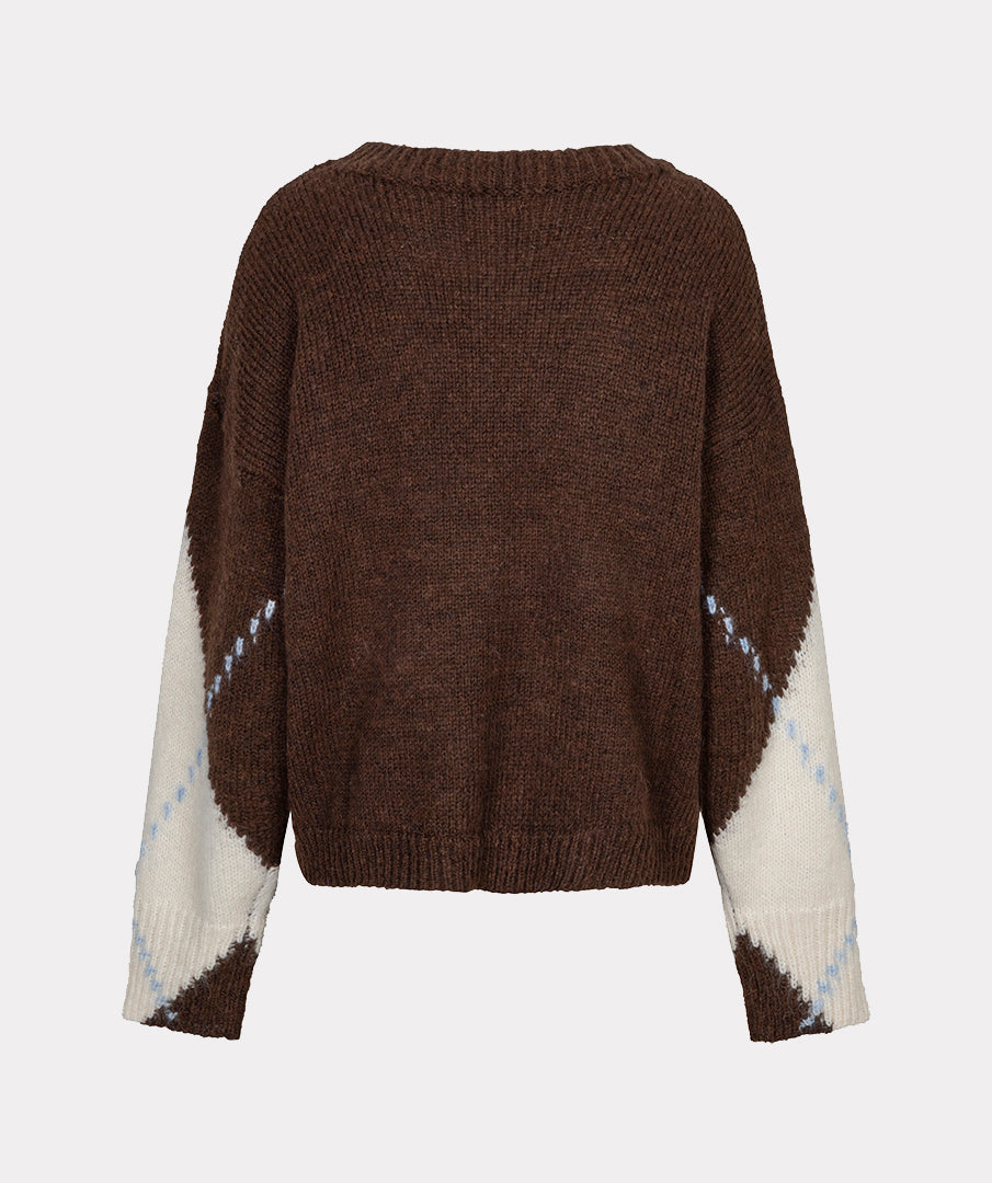 Esqualo trui bruin met offwhite en blauw argyle print model sweater big coffee