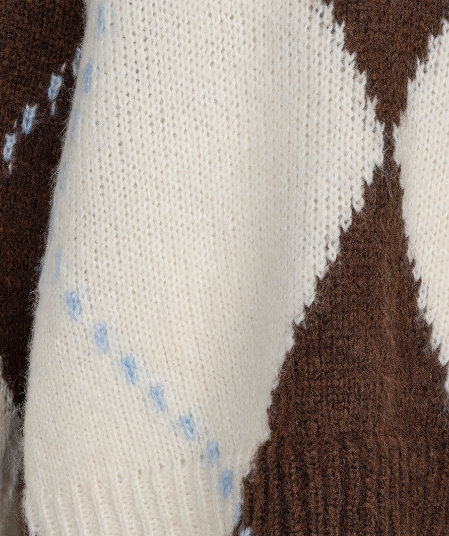 Esqualo trui bruin met offwhite en blauw argyle print model sweater big coffee