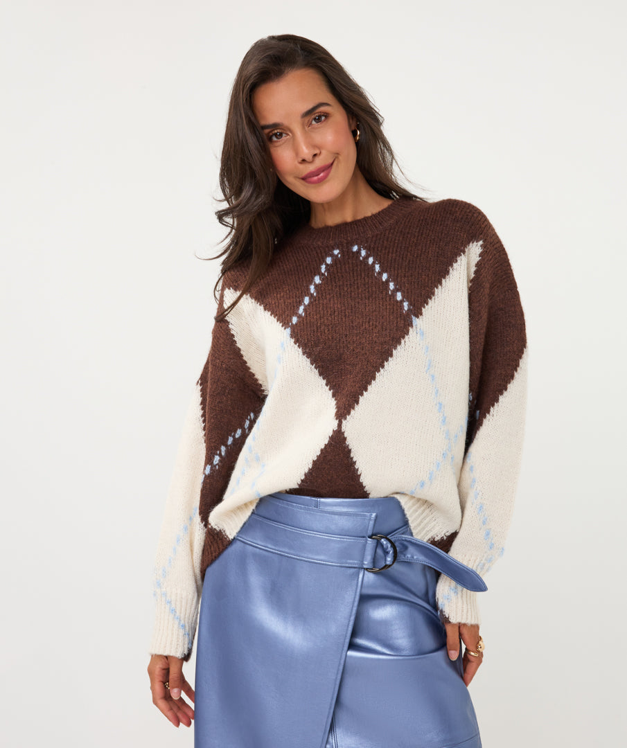 Esqualo trui bruin met offwhite en blauw argyle print model sweater big coffee