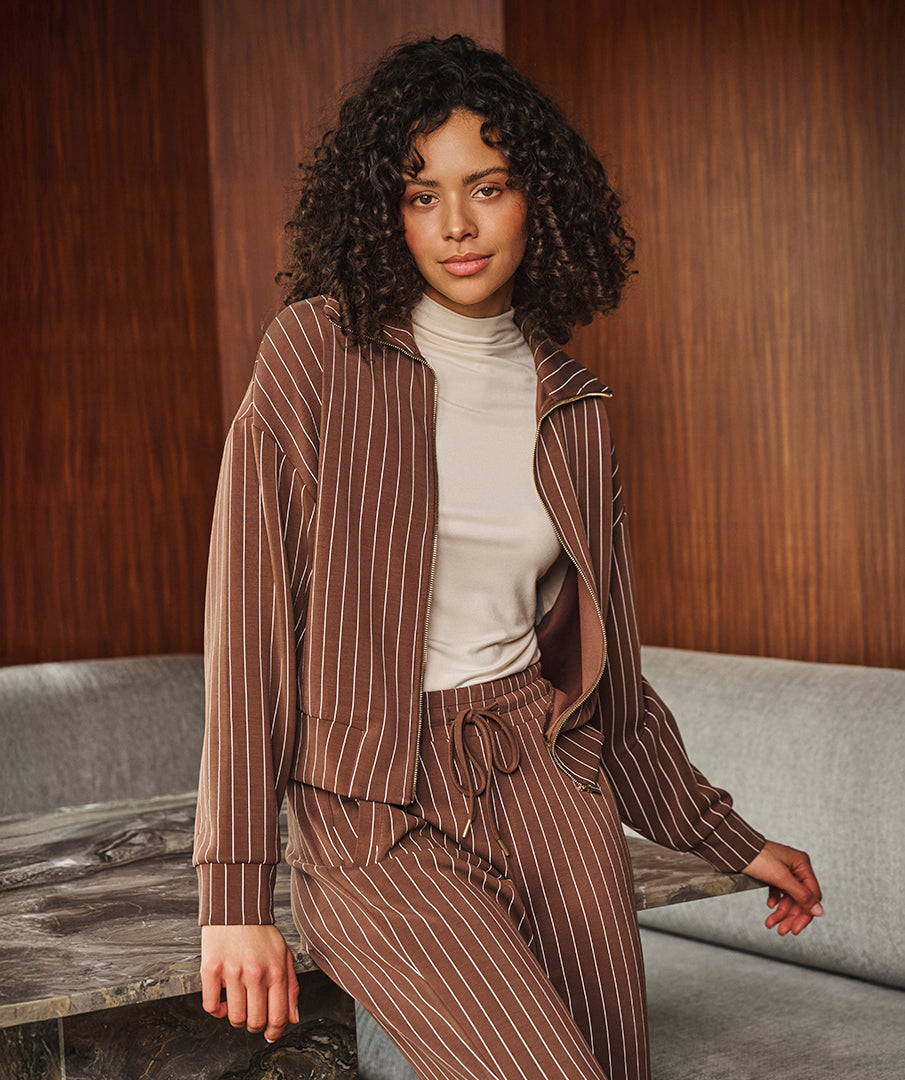 Esqualo jasje bruin gestreept model jacket short modal striped coffee